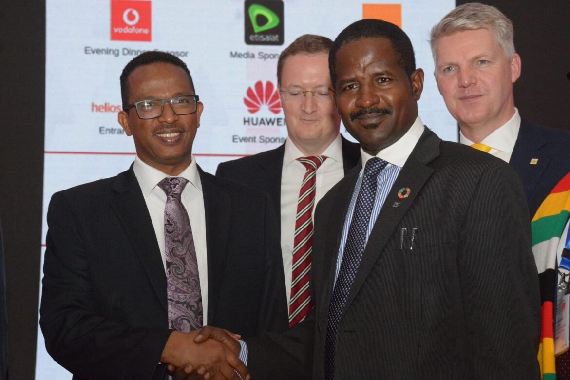 From left: Dr. Getahun Mekuriya the Ethiopian Minister of Innovation and Technology, in Handshake with Dr Bashir Gwandu Fmr. Ag.EVC NCC, after the Keynote Address by Gwandu and Behind are Mr Adrian Hall the COO of Extensia and Mr Jens Schulte-Bockum Group COO MTN, at the IAD 2019 Summit Sheraton Hotel Addis Ababa