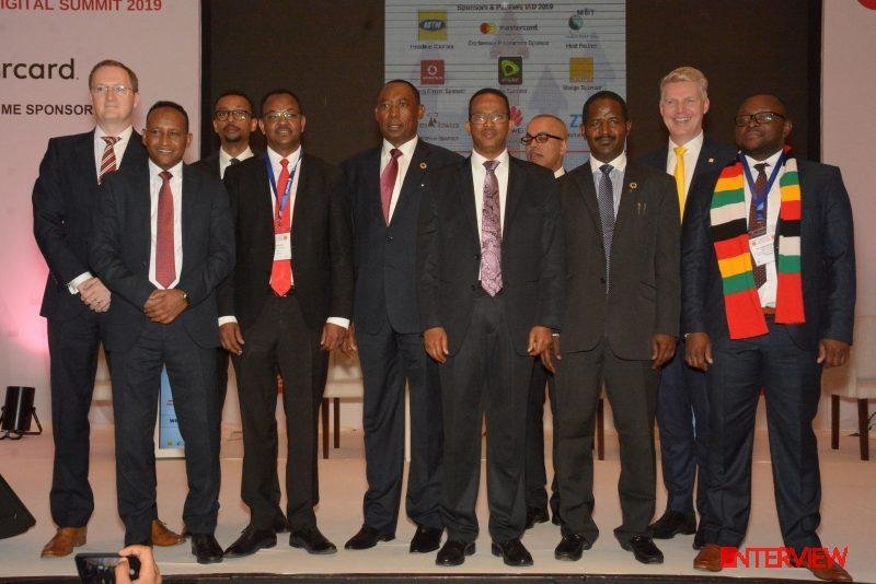 From Left: Mr. Adrian Hall, COO Extensia, Mr. Jemal Beker Abedula Ethiopian Minister of State1-Innovation Technology, Dr. Brook Taye Snr. Advisor to Minister Finance, Mr. Sisay Tola the Ethiopian Minister of State2 Innovation and Technology, Dr. Oliver Chinganya Director UN Econ Commission for Africa, Dr. Getahun Mekuriya the Ethiopian Minister of Innovation and Technology, Mr. Tariq Malik CEO Extensia, Dr. Bashir Gwandu, Fmr. NCC Commissioner, Mr. Jens Schulte-Bockum Group COO MTN, Dr. Jenfan Muswere the Deputy Minister ICT, Zimbabwe at the Opening session of the IAD 2019 Summit Sheraton Hotel Addis Ababa / Photo credit: Gwandu