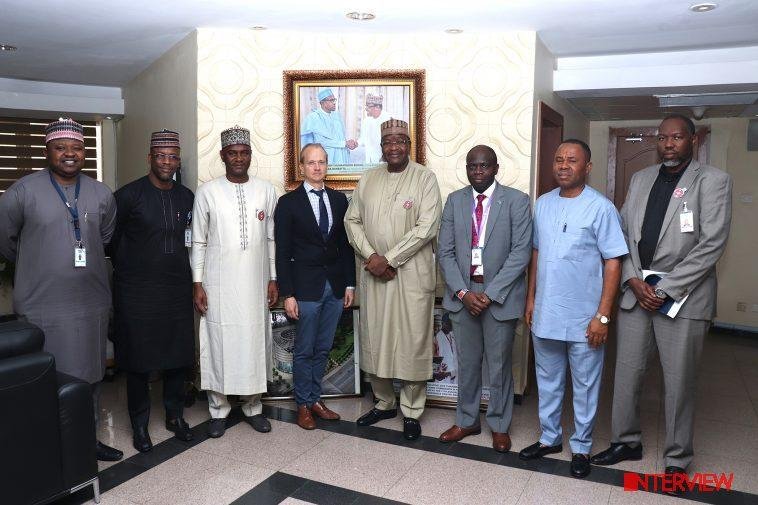 Senior Officer, Public Affairs Department, Nigerian Communications Commission (NCC), Hamzat Shuni; Principal manager, Special Duties, NCC, Ibrahim Galadima; Chief of Staff to the Executive Vice Chairman (EVC), NCC, Usman Malah; Swedish Ambassador to Economic Community of West Africa (ECOWAS) - Ghana, Cameroon and Nigeria, Mr. Carl Grans; EVC/CEO, NCC, Prof Umar Danbatta; Director, Government and Industry Relations, Ericsson, Mr. Peter Ogundele; Deputy Director, Special Duties, NCC, Mr. Chukwuma Azikiwe; and Assistant Director, Special Duties, NCC, Mr. Babagana Digima during the visit of the Swedish Ambassador to the Commission / Photo credit: NCC