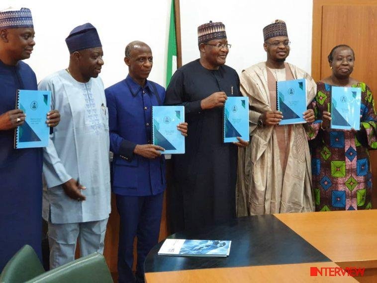 L-R: Ayuba Shuaibu, Executive Secretary, Universal Service Provision Fund (USPF); Adeleke Adewolu, Executive Commissioner, Stakeholder Management, NCC; Prof. Suleiman Elias Bogoro, Executive Secretary, Tertiary Education Trust Fund (TETFund); Prof. Umar Danbatta, Executive Vice Chairman, NCC; Dr. Isa Ali Ibrahim Pantami, Hon. Minister of Communications and Digital Economy and Ms Funke Opeke, Chairman, National Broadband Plan Committee 2020-2025, during the submission of draft report by the Committee to the Minister in Abuja on Tuesday / Photo credit: NCC