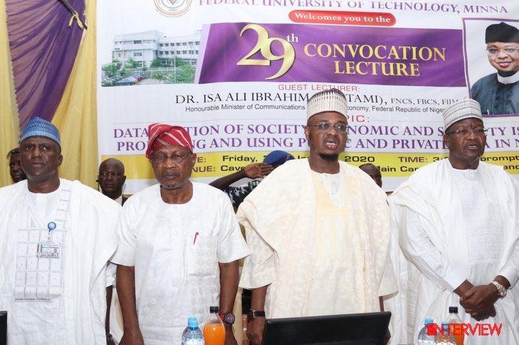 L-R: Prof. Abdullahi Bala, Vice Chancellor, Federal University of Technology, Minna (FUTM), Niger State; Prof. Femi Odekunle, Pro-Chancellor/Chairman, FUTM Council; Dr. Isa Pantami, Hon. Minister of Communications and Digital Economy; and Prof. Umar Danbatta, Executive Vice Chairman, Nigerian Communications Commission (NCC) during the Convocation Lecture. / Photo credit: NCC