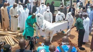 The remains of the late President Buhari's Chief of Staff, Abba Kyari, being buried at Gudu Cemetary, Abuja, on Saturday / Photo credit: The Punch