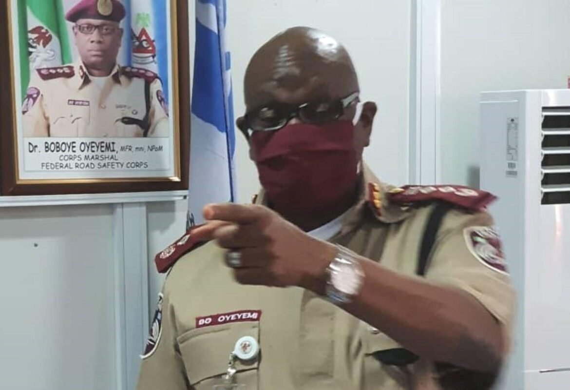 The Corps Marshal, Dr. Boboye Oyeyemi wearing the new FRSC face mask / Photo credit: FRSC