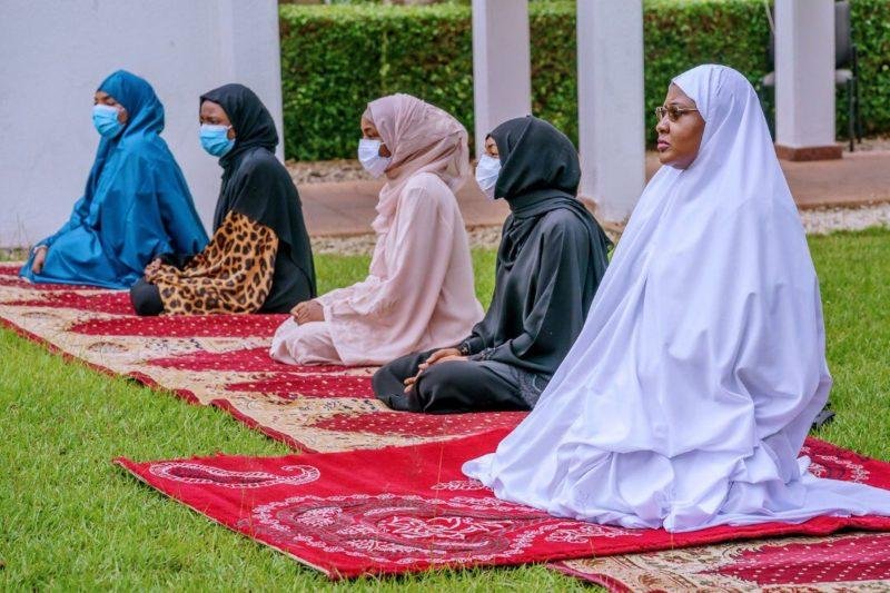 First Lady Aisha Buhari praying with others at the Villa during Eid Prayers on Sunday / Photo credit: State House