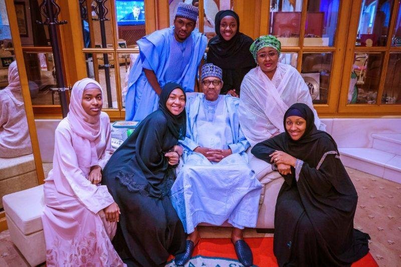 President Muhammadu Buhari, his wife, Aisha Buhari and children during Eid al-Fitr celebration at the Presidential villa on Sunday / Photo Credit: State House