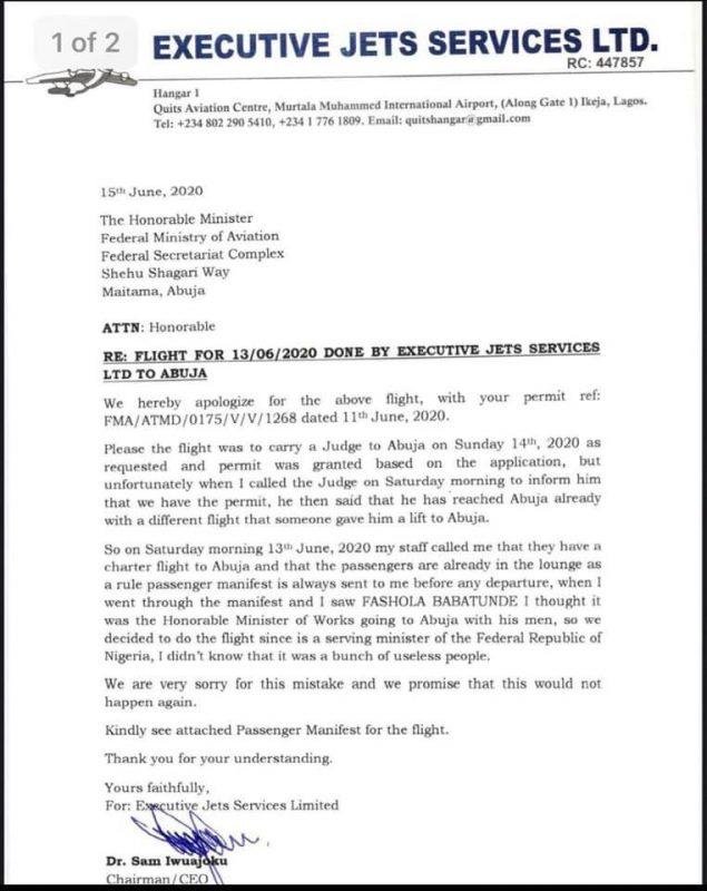 A copy of the apology letter by the Executive Jets Chairman.