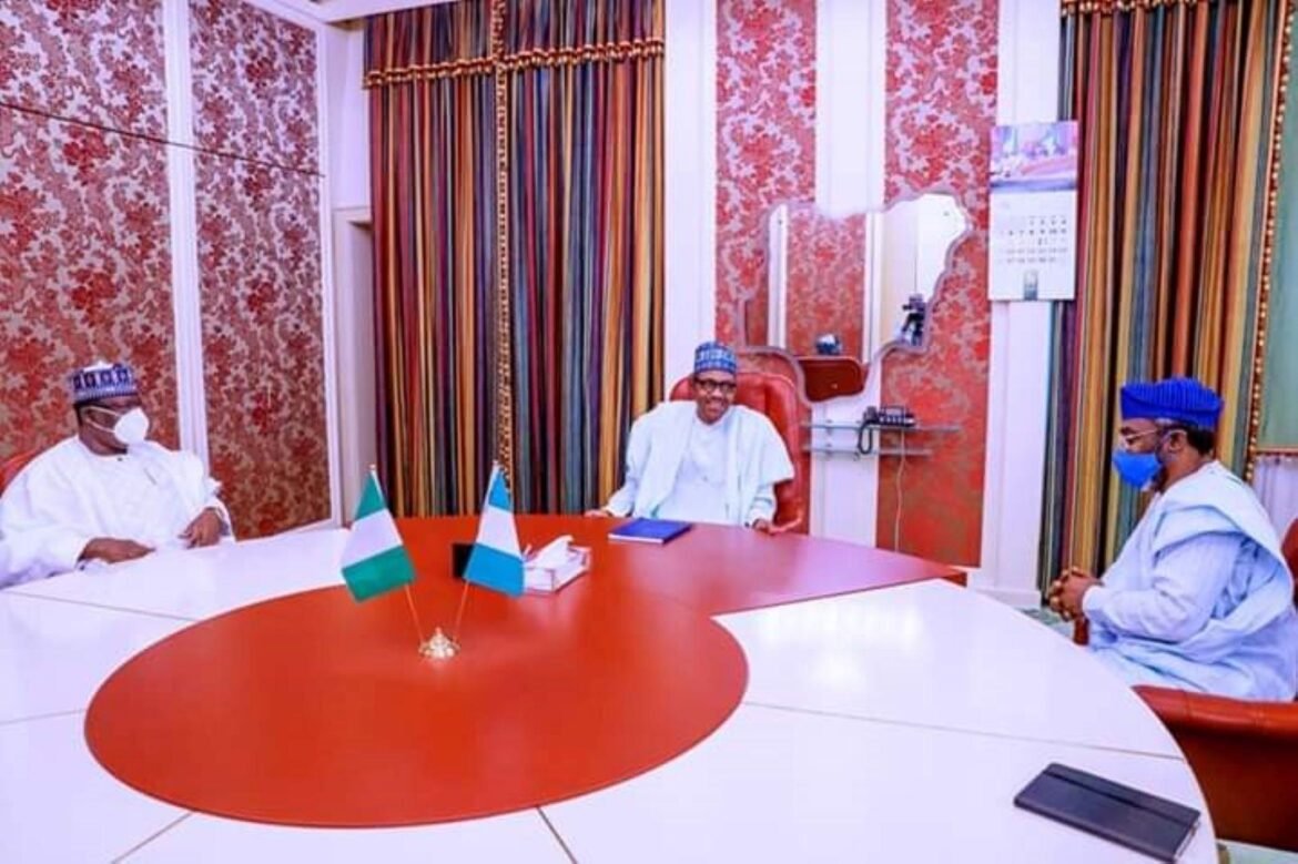 President Muhammadu Buhari with Senate President, Ahmed Lawan and Speaker of the House of Representatives, Femi Gbajabiamila during the visit to Buhari on Thursday / Photo credit: Femi Adesina