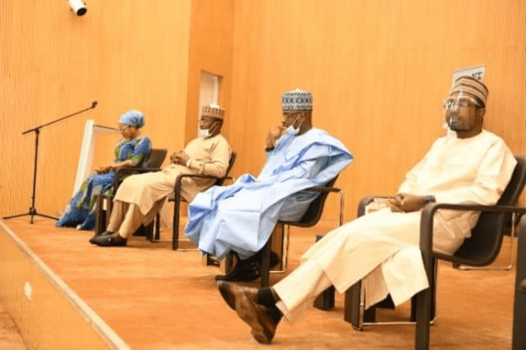 L-R: Dr. Abimbola Alale, Managing Director, NIGCOMSAT; Prof. Umar Danbatta, Executive Vice Chairman, NCC; Pantami and Kasifu Abdullah, Director General, NITDA during the inauguration of the Committees / Photo credit: NCC