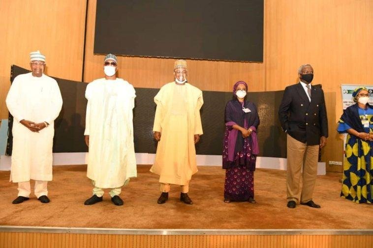 L-R: Prof. Umar Danbatta, Executive Vice Chairman, NCC; Dr. Isa Ali Ibrahim Pantami, Hon. Minister of Communications and Digital Economy; Babagana Zulum, Governor of Borno State and Chairman of the occasion; Zainab Shamsuna, Hon. Minister of Finance, Budget and National Planning; Babatunde Fashola, Minister of Works and Housing and Abimbola Alale, Managing Director, NIGCOMSAT during the event / Photo credit: NCC