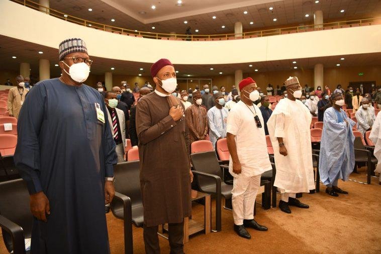 L-R: Executive-Vice Chairman, Prof. Umar Danbatta; Minister of State for Education, Chukwuemeka Nwajiuba; Governor of Imo State/Chairman of the Occasion, Hope Uzodinma; Minister of Communications and Digital Economy, Dr. Isa Ali Ibrahim Pantami and Minister of Information & Culture, Lai Muhammed, during the virtual commissioning of 11 new ICT Projects located across the country which were executed by agencies under the Ministry in Abuja on Tuesday, August 11, 2020 / Photo credit: NCC