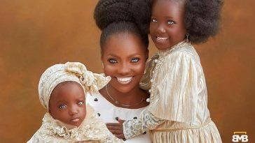 Risikat Azeez, a 30-year-old mother of two and her daughters, who were allegedly abandoned by her husband and father because of their blue eyes have suddenly become celebrities because the rare colour of their eyes / Photo credit: face2faceafrica.com