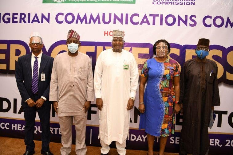 L-R: Dr. Ikechukwu Adinde, Director, Public Affairs, Nigerian Communications Commission (NCC); Adeleke Adewolu, Executive Commissioner, Stakeholder Management, NCC; Prof. Umar Danbatta, Executive Vice Chairman, NCC; Abigail Sholanke, Director, Projects, NCC and Editor, AIT, Adebayo Bodunrin, during the interactive media chat with the EVC of NCC / Photo credit: NCC