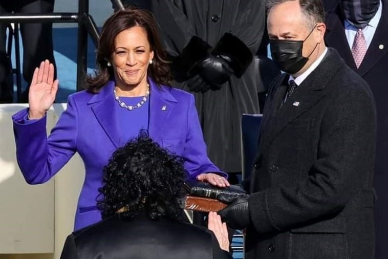 Kamala Harris being sworn in as US Vice President on Wednesday.