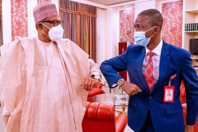 President Muhammadu Buhari and EFCC Cahirman, Abdulrasheed Bawa at the State House on Thursday.