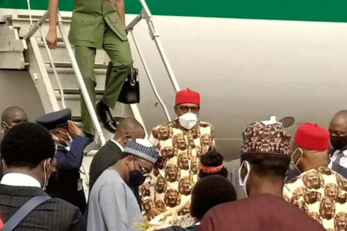 President Muhammadu Buhari on his arrival in Owerri on Thursday / Photo credit: Thisday