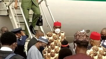 President Muhammadu Buhari on his arrival in Owerri on Thursday / Photo credit: Thisday