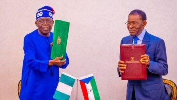 President Bola Tinubu and Equatorial Guinea President, Teodoro Mbasogo, displaying agreement on Gulf of Guinea Pipeline Project signed on Wednesday in Malabo / Photo credit: NAN